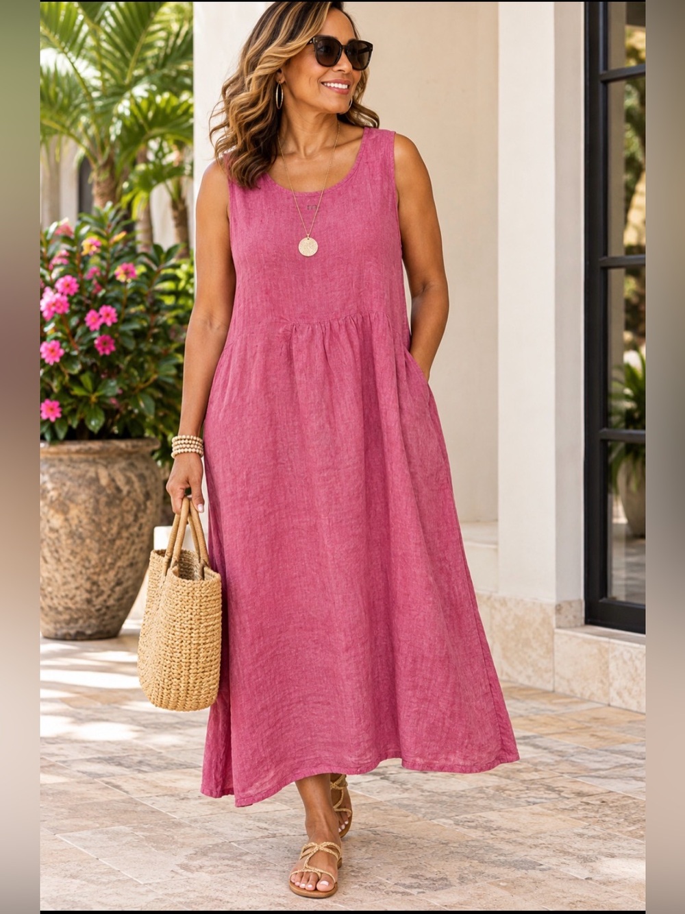 FLAX 100% Linen Pink Sleeveless Maxi Dress Medium Lagenlook Boho